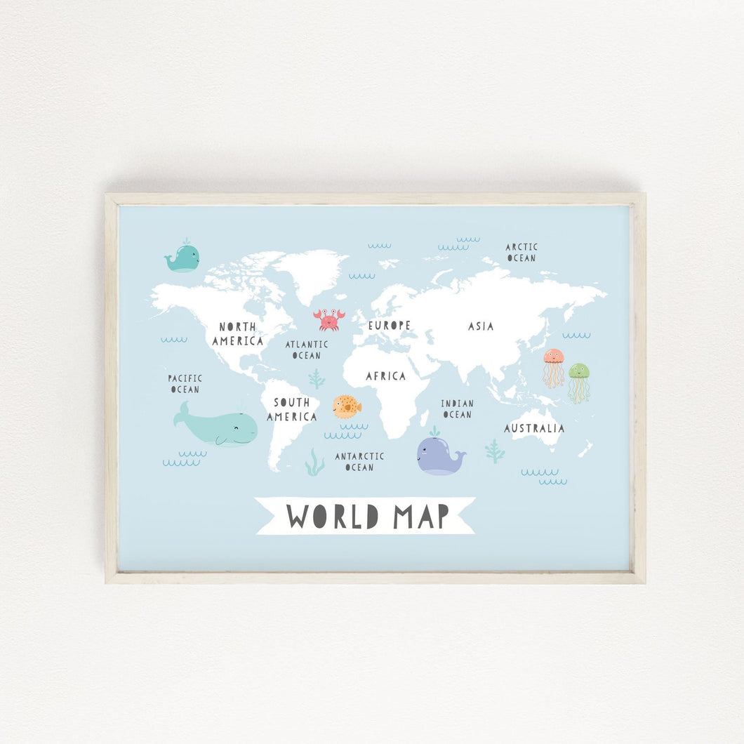 Blue World Map Print