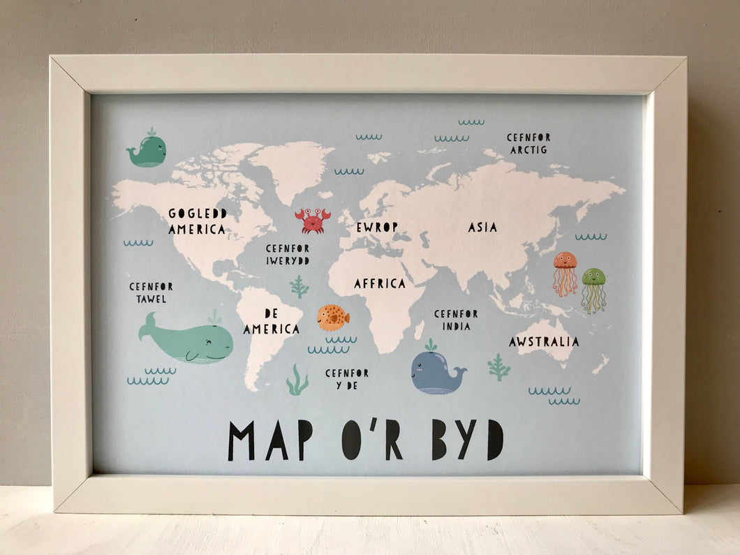 Welsh Blue World Map Print